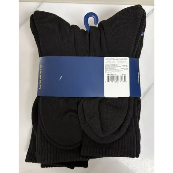 Polo Ralph Lauren Mens Crew Socks 6 Pair Black Classic Sport One Size - Picture 2 of 3